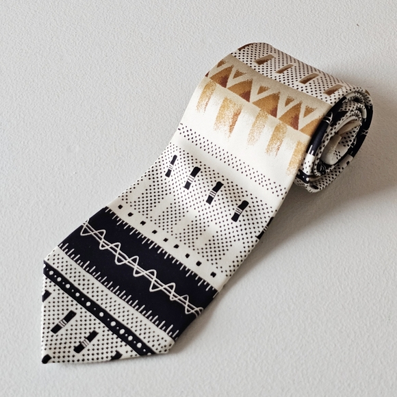 Aquascutum Of London Geometric Print 100% Silk Tribal Tie Black White Tan Tie